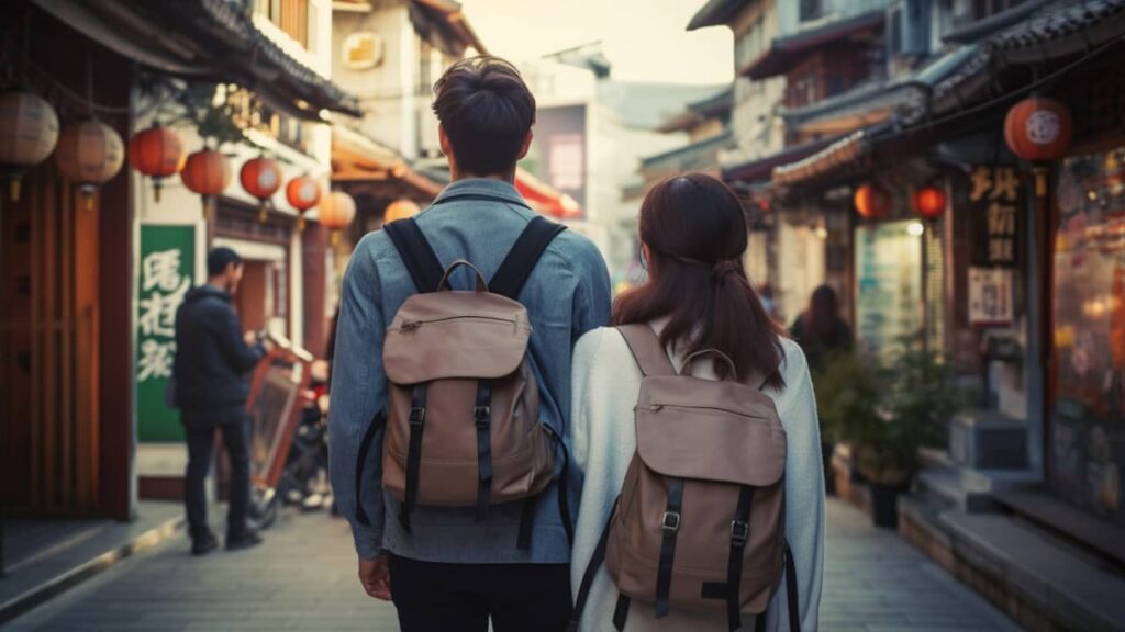 couples de touristes français vus de dos qui marchent dans une rue typique de Corée du sud avec des coréens