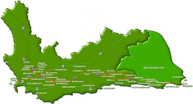Carte de la Route 62 en Afrique du Sud