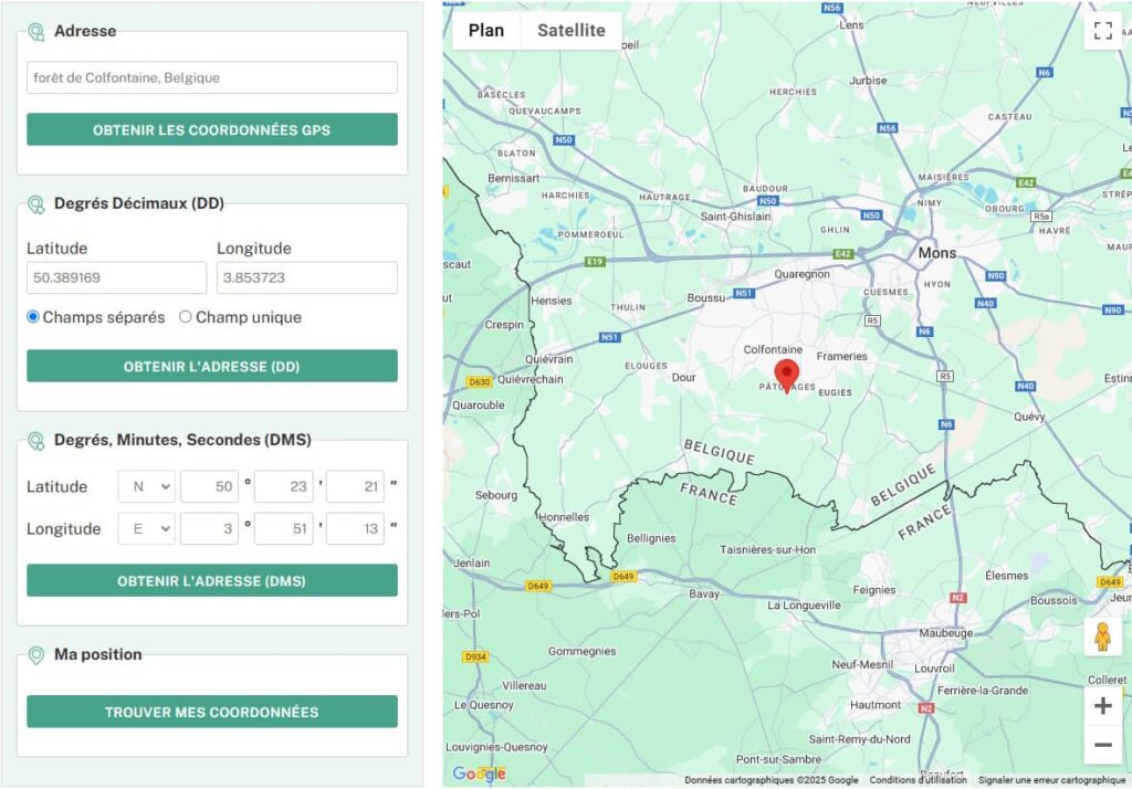 Coordonnées GPS de la forêt de Colfontaine en Belgique : Latitude : 50.389169 longitude : 3.853723